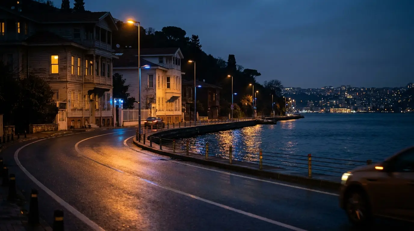The Bosphorus shore road and the waterside mansions.