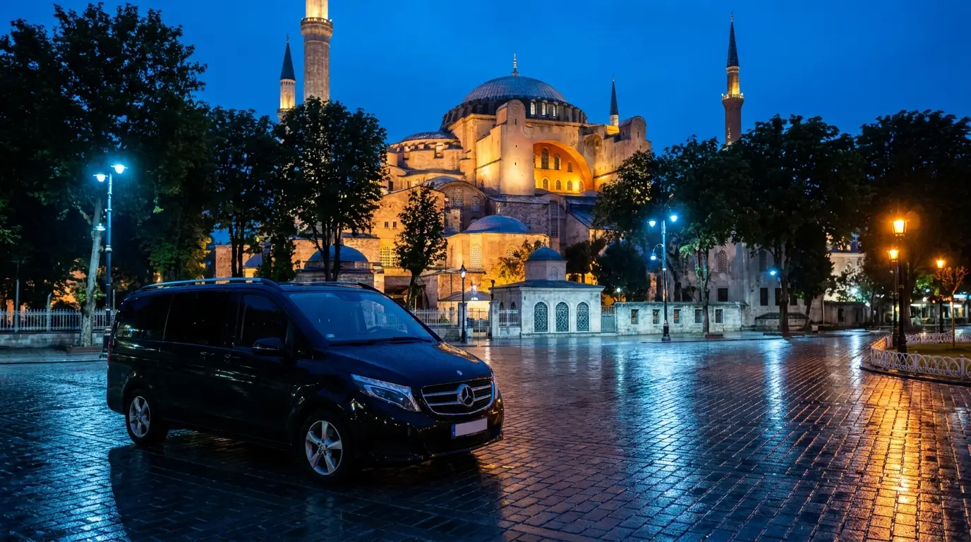 Tarihi bir meydanın kenarında bekleyen tahsis aracı.