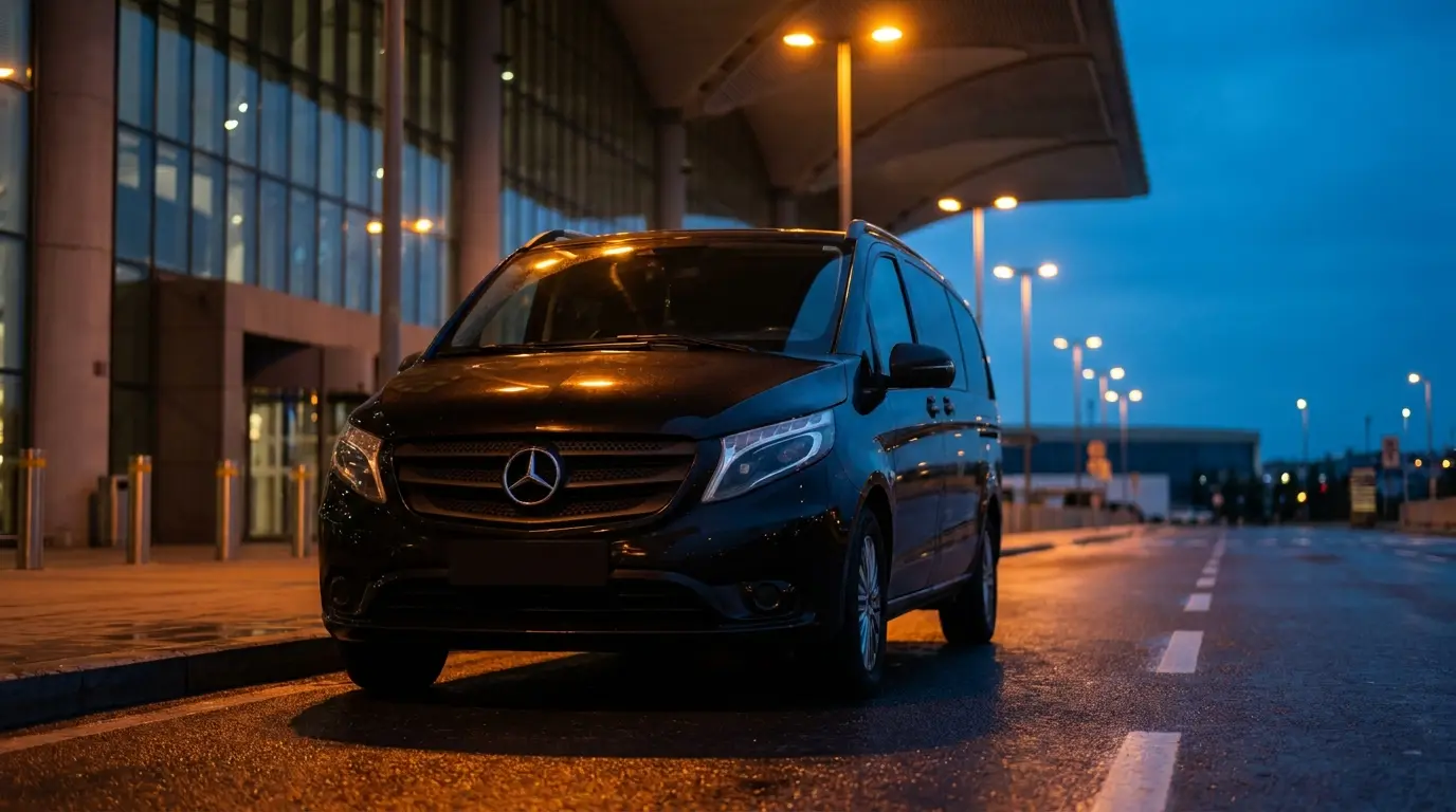 A black VIP transfer vehicle waiting at the Istanbul Airport exit at night.