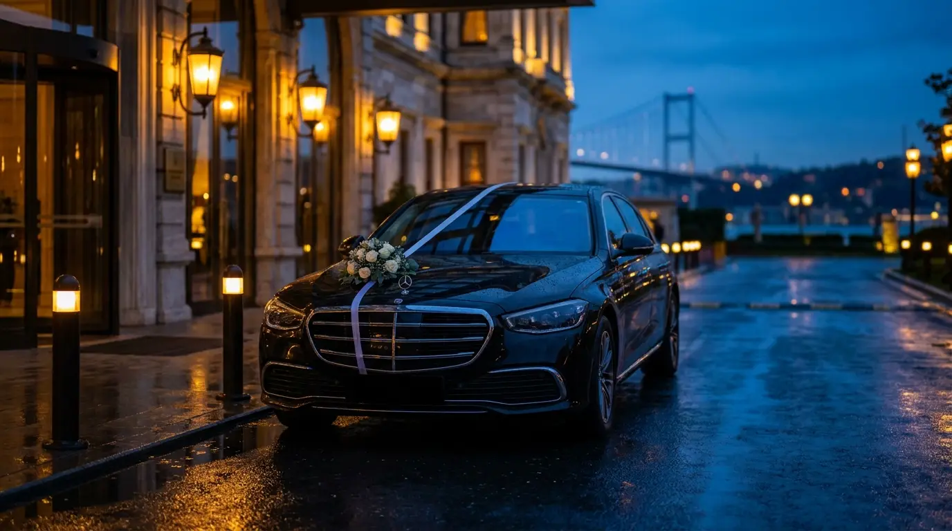 Скромно украшенный свадебный автомобиль у входа на площадку.