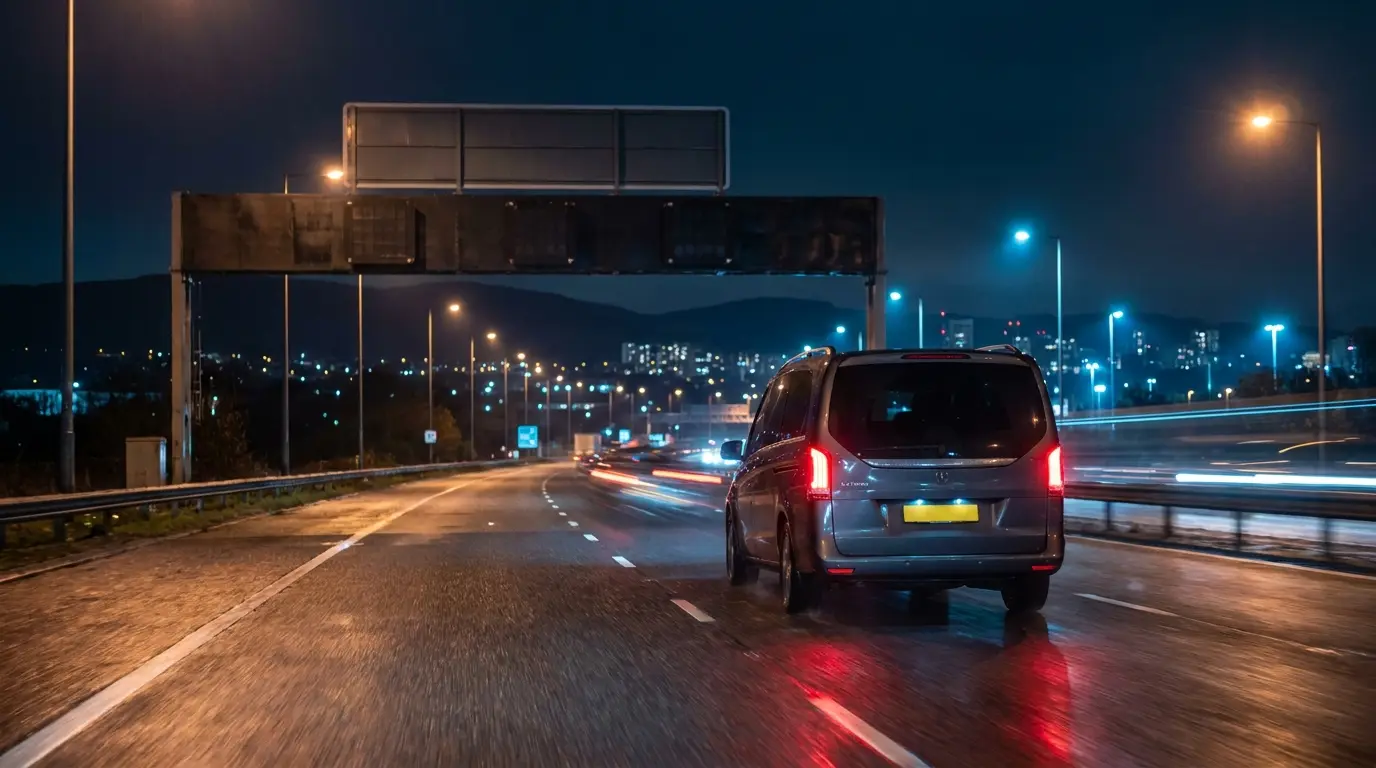 Şehirden çıkan otoyolda gece yol alan transfer aracı.