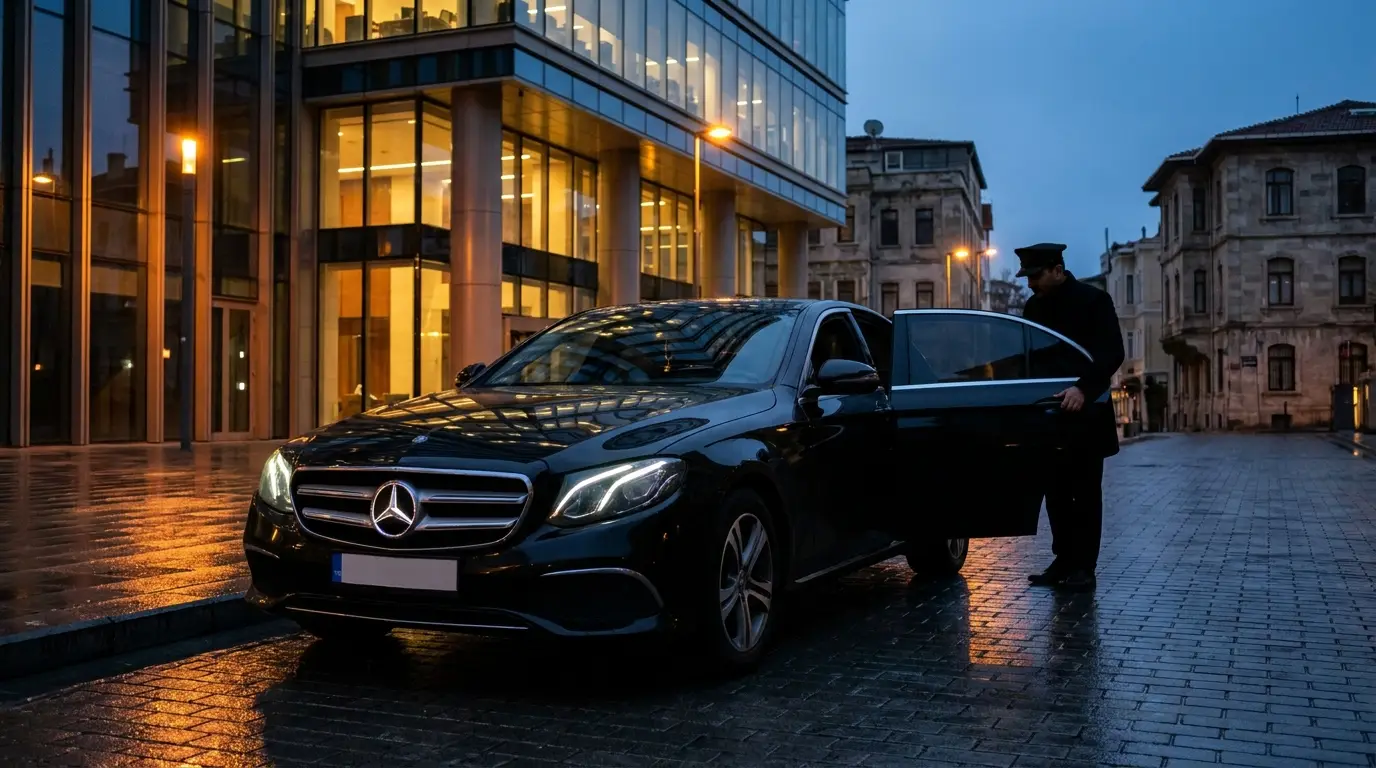 A chauffeured car waiting with its door open outside a business tower.